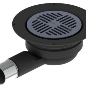 Czarny-wpust-podlogowy-dwuczesciowy-Minimax-50-z-szara-kratka-i-metalowa-koncowka-odplywu-na-bialym-tle. Czarny-wpust-podlogowy-dwuczesciowy-Minimax-50-z-szara-kratka-i-metalowa-koncowka-odplywu-na-bialym-tle.