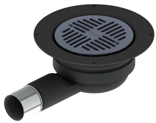 Czarny-wpust-podlogowy-dwuczesciowy-Minimax-50-z-szara-kratka-i-metalowa-koncowka-odplywu-na-bialym-tle. Czarny-wpust-podlogowy-dwuczesciowy-Minimax-50-z-szara-kratka-i-metalowa-koncowka-odplywu-na-bialym-tle.