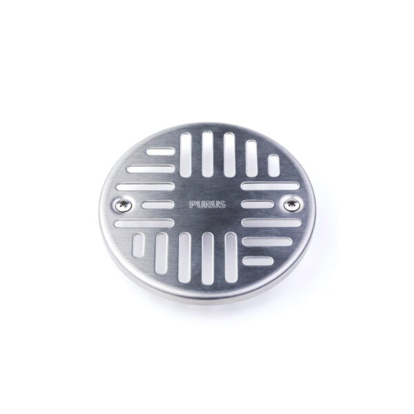 Ruszt-ze-stali-nierdzewnej-Art-Deco-130-z-podluznymi-otworami,-wytloczonym-napisem-Purus-oraz-dwiema-srubkami-mocujacymi-na-bialym-tle.