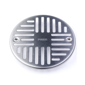 Ruszt-ze-stali-nierdzewnej-Art-Deco-150-z-podluznymi-otworami,-wytloczonym-napisem-Purus-oraz-dwiema-srubkami-mocujacymi-na-bialym-tle. Ruszt-ze-stali-nierdzewnej-Art-Deco-150-z-podluznymi-otworami,-wytloczonym-napisem-Purus-oraz-dwiema-srubkami-mocujacymi-na-bialym-tle.