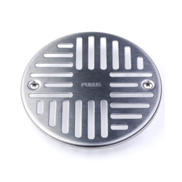 Ruszt-ze-stali-nierdzewnej-Art-Deco-150-z-podluznymi-otworami,-wytloczonym-napisem-Purus-oraz-dwiema-srubkami-mocujacymi-na-bialym-tle. Ruszt-ze-stali-nierdzewnej-Art-Deco-150-z-podluznymi-otworami,-wytloczonym-napisem-Purus-oraz-dwiema-srubkami-mocujacymi-na-bialym-tle.