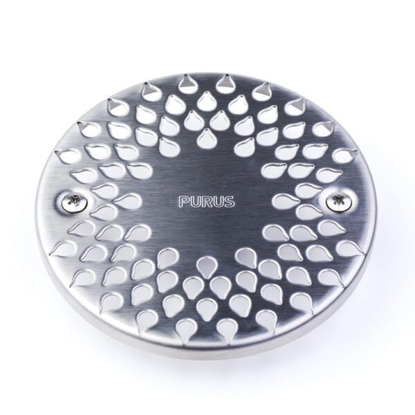 Ruszt-ze-stali-nierdzewnej-Drop-130-z-dziurkami-w-ksztalcie-kropel,-wytloczonym-napisem-Purus-oraz-dwiema-srubkami-mocujacymi-na-bialym-tle.