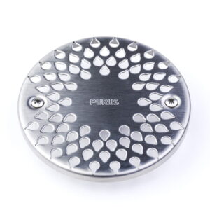 Ruszt-ze-stali-nierdzewnej-Drop-130-z-dziurkami-w-ksztalcie-kropel,-wytloczonym-napisem-Purus-oraz-dwiema-srubkami-mocujacymi-na-bialym-tle.